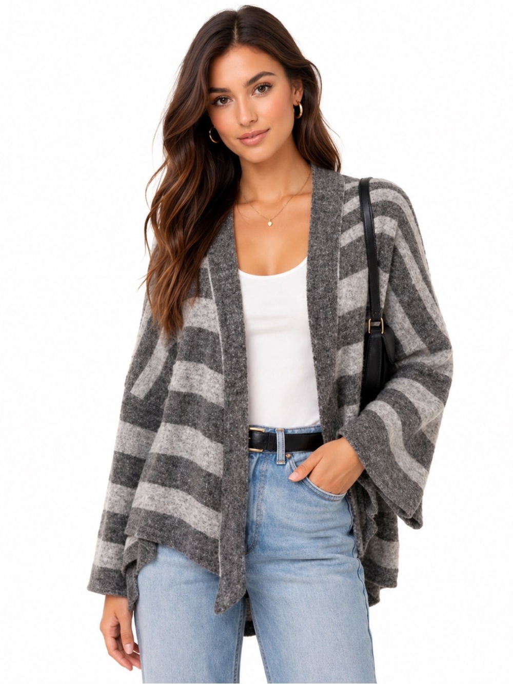 LOFT Gray Striped Open Front Cardigan Wool Blend —XS